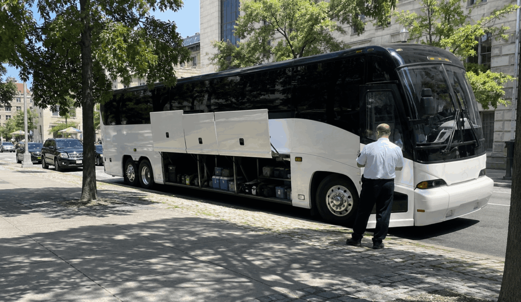 school charter bus at the west 81st street group entrance area for the american museum of natural history