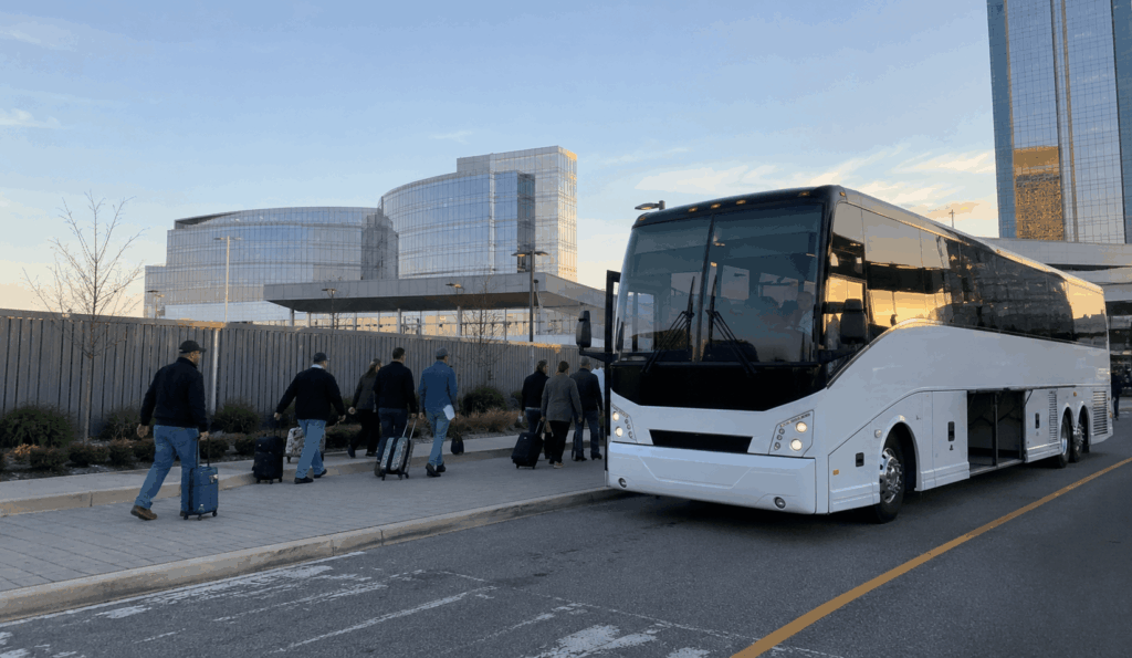 charter bus parked near a marina district casino drop-off area in atlantic city
