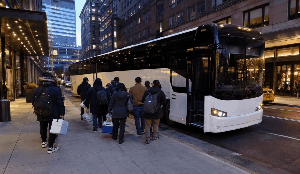 charter bus picking up a manhattan hotel group for a barclays center event in brooklyn