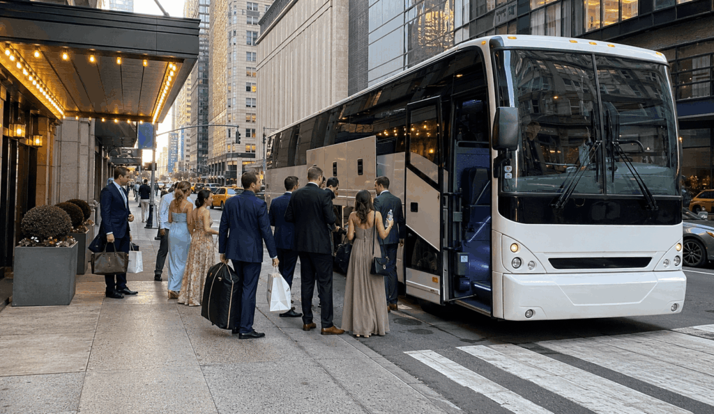 late-night wedding shuttle bus waiting to return guests from a brooklyn venue to manhattan hotels