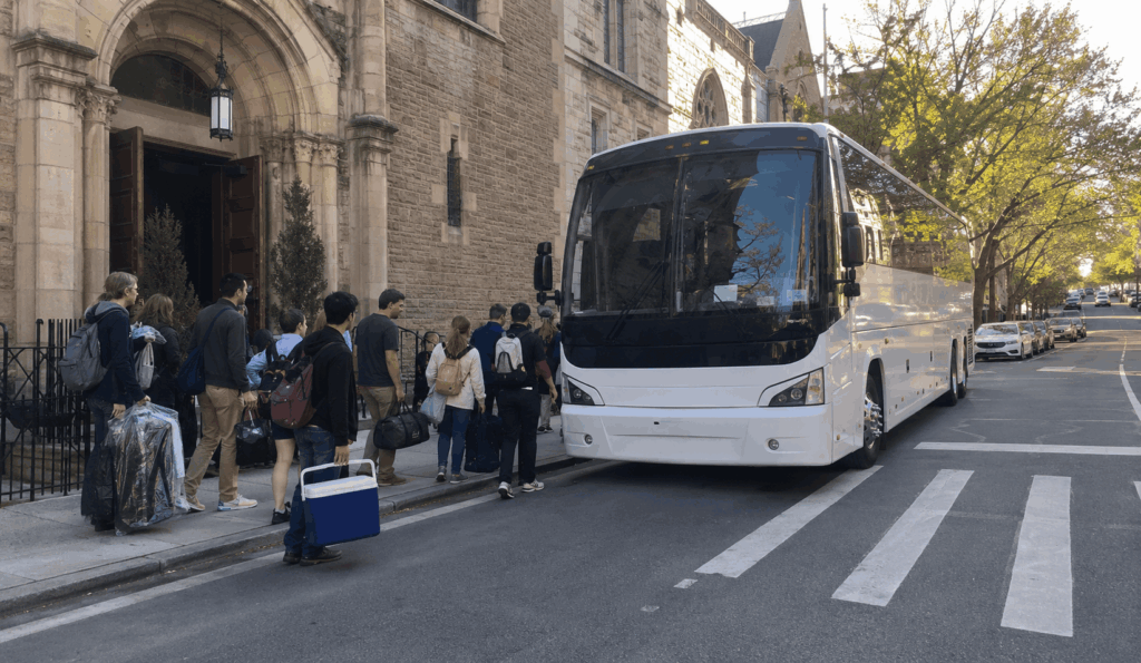 church group boarding a charter bus outside a new york city parish for a hudson valley retreat