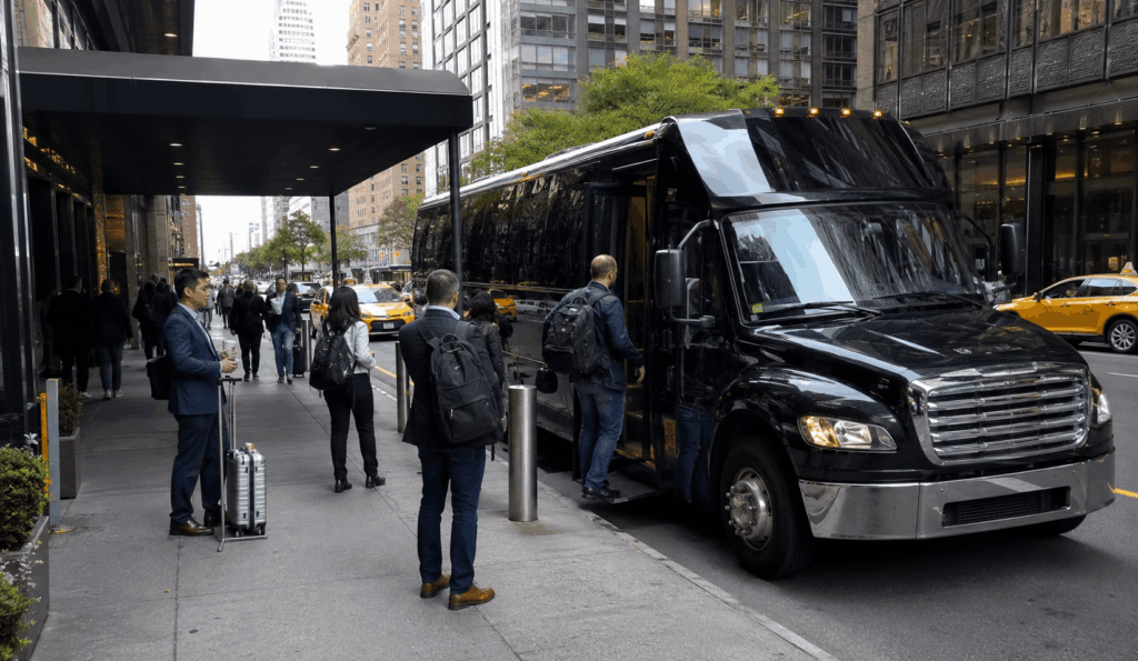 charter bus dropping off convention attendees outside the javits center entrance in manhattan