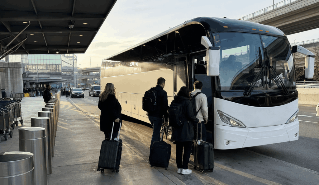 charter bus picking up an airport group with luggage outside a new york city airport terminal