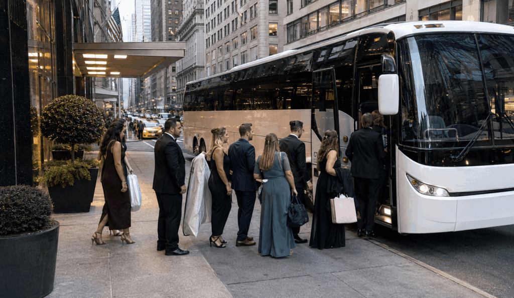 charter bus dropping off wedding guests outside a Brooklyn warehouse wedding venue