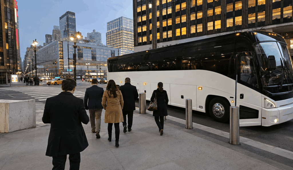 charter bus dropping off passengers near madison square garden in manhattan