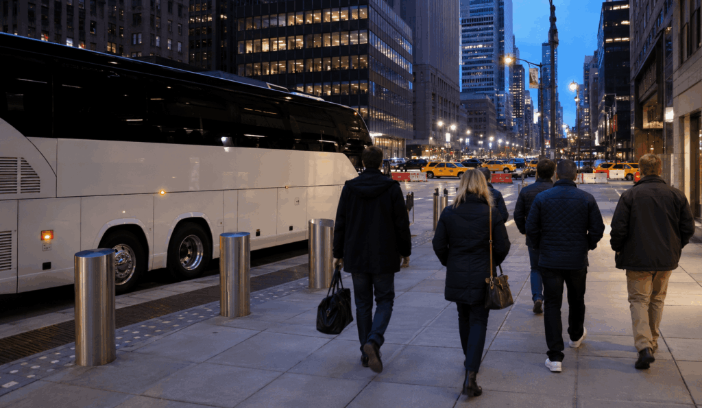 charter bus dropping off a small group near madison square garden before a knicks or rangers game in manhattan