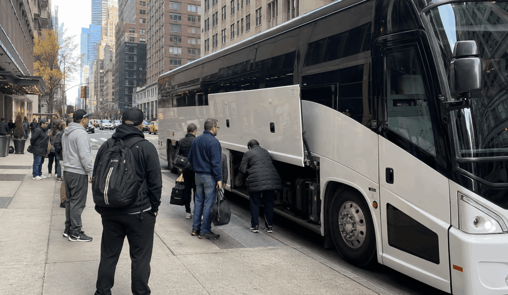 group boarding a charter bus in manhattan for an atlantic city casino trip