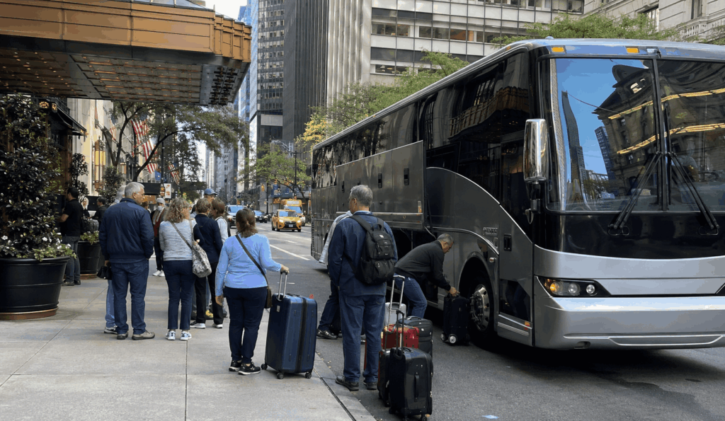 charter bus picking up returning cruise passengers with luggage outside the manhattan cruise terminal after disembarkation