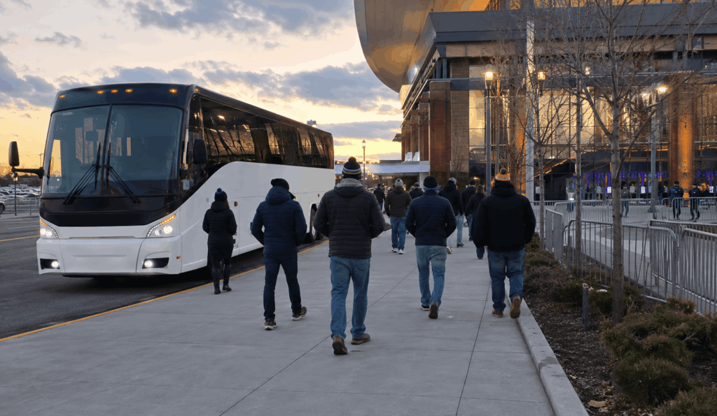 charter bus waiting in the designated coach pickup area after an event at ubs arena