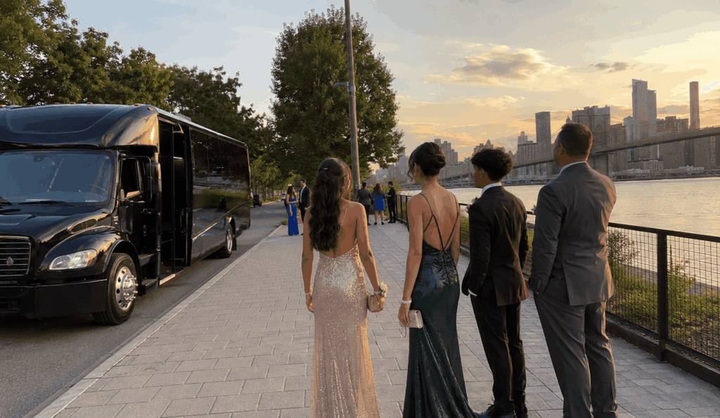 party bus dropping off prom students near a manhattan banquet hall entrance
