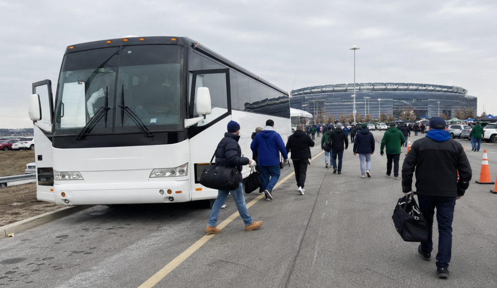 charter bus dropping off giants and jets fans near the metlife stadium charter bus lot from new york city