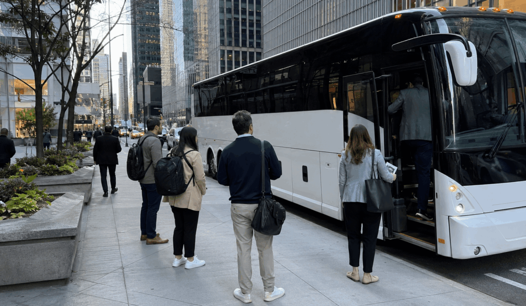 corporate charter bus picking up employees outside a midtown manhattan office tower for an offsite retreat