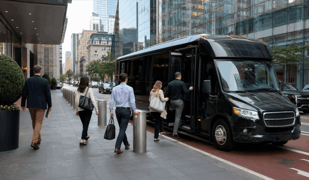 employees boarding a corporate minibus at a midtown manhattan office tower curb