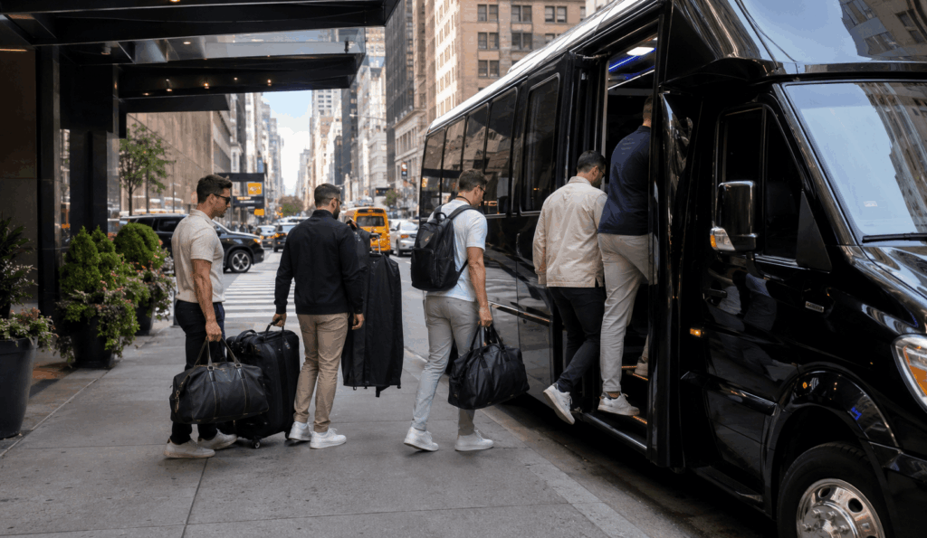 bachelor party group boarding a party bus in manhattan for an atlantic city casino weekend