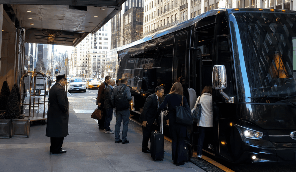 charter bus picking up hotel guests at a midtown manhattan hotel curb for group shuttle service in new york city
