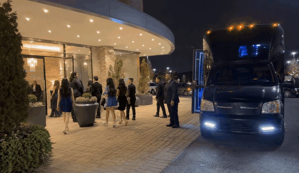 sweet 16 and quinceañera party bus group arriving near central park for a formal photo stop in manhattan