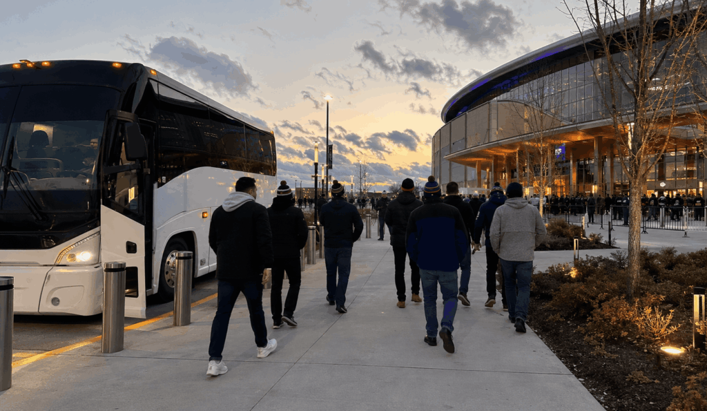 fans boarding a charter bus in midtown manhattan before departing for ubs arena
