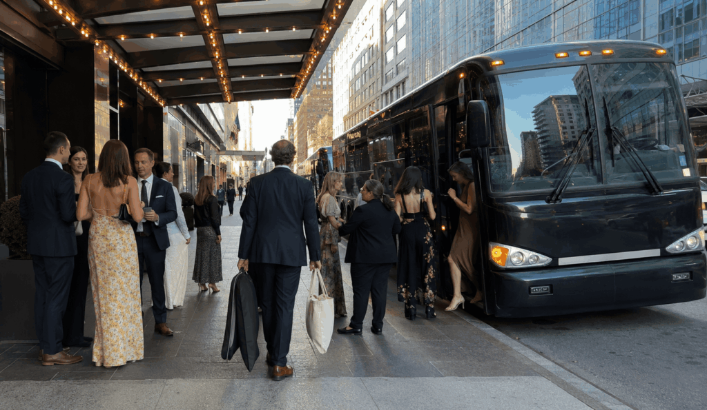 convention attendees boarding a hotel shuttle bus in midtown manhattan for transfer to the javits center